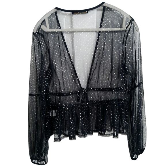 Hesperus coquette sheer top blk Whimsigoth womens size L gold polka dot lngslve - Picture 1 of 9